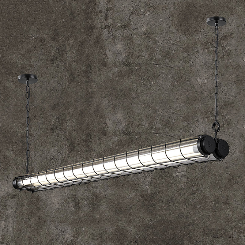 Black Metal Island Light Fixture Industrial Cylinder LED Hanging Lamp with Glass Shade