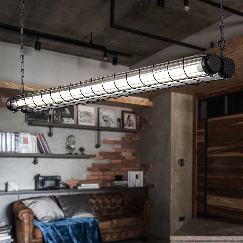 Black Metal Island Light Fixture Industrial Cylinder LED Hanging Lamp with Glass Shade