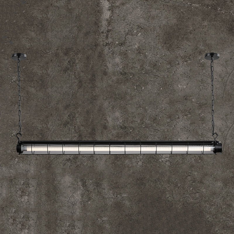 Black Metal Island Light Fixture Industrial Cylinder LED Hanging Lamp with Glass Shade