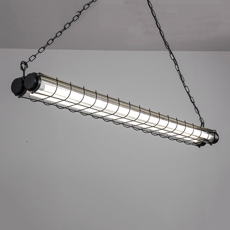 Black Metal Island Light Fixture Industrial Cylinder LED Hanging Lamp with Glass Shade