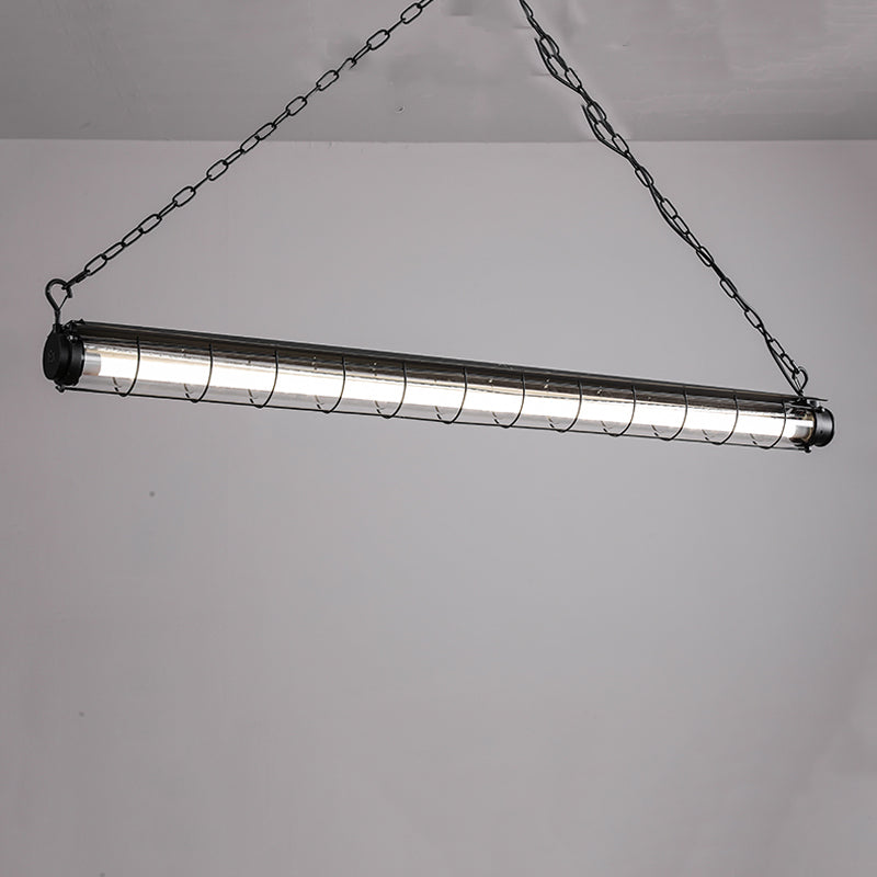 Black Metal Island Light Fixture Industrial Cylinder LED Hanging Lamp with Glass Shade