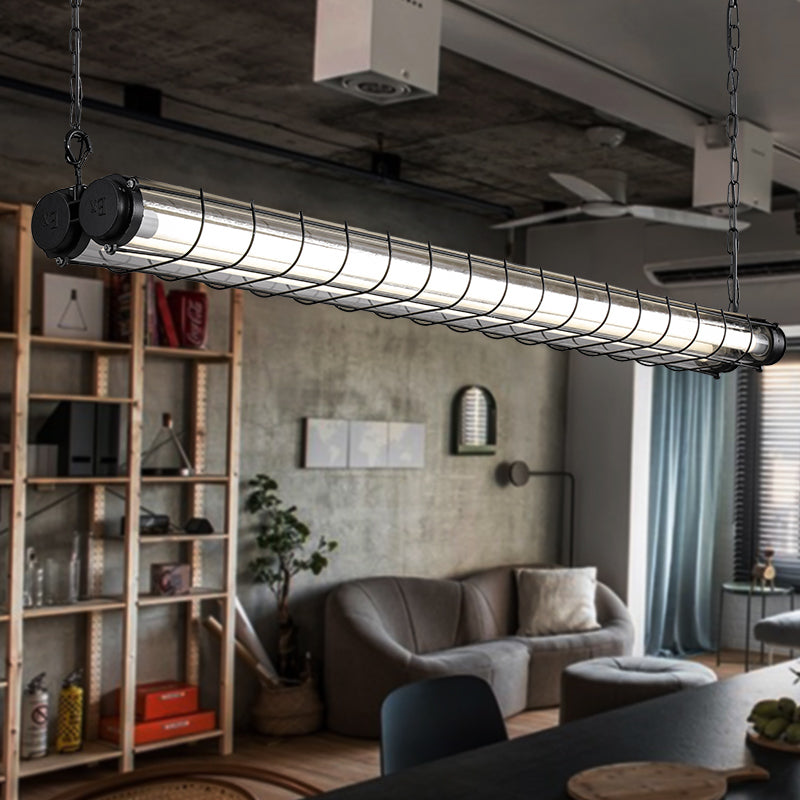 Black Metal Island Light Fixture Industrial Cylinder LED Hanging Lamp with Glass Shade