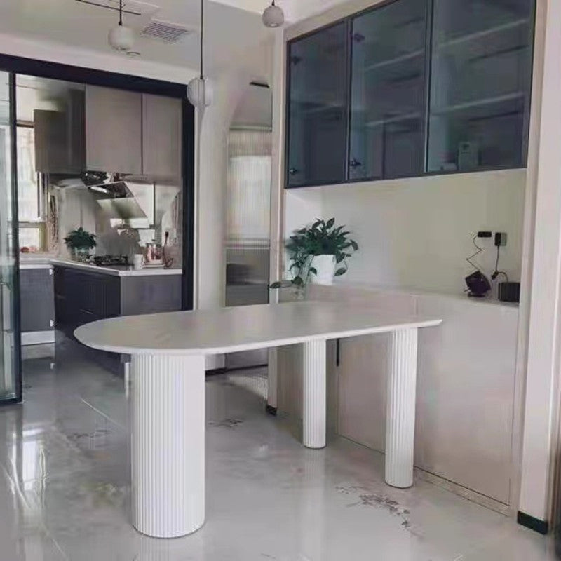 Oval Shape 3 Legs Modern Dining Table White Tone Fixed Table for Dining Room