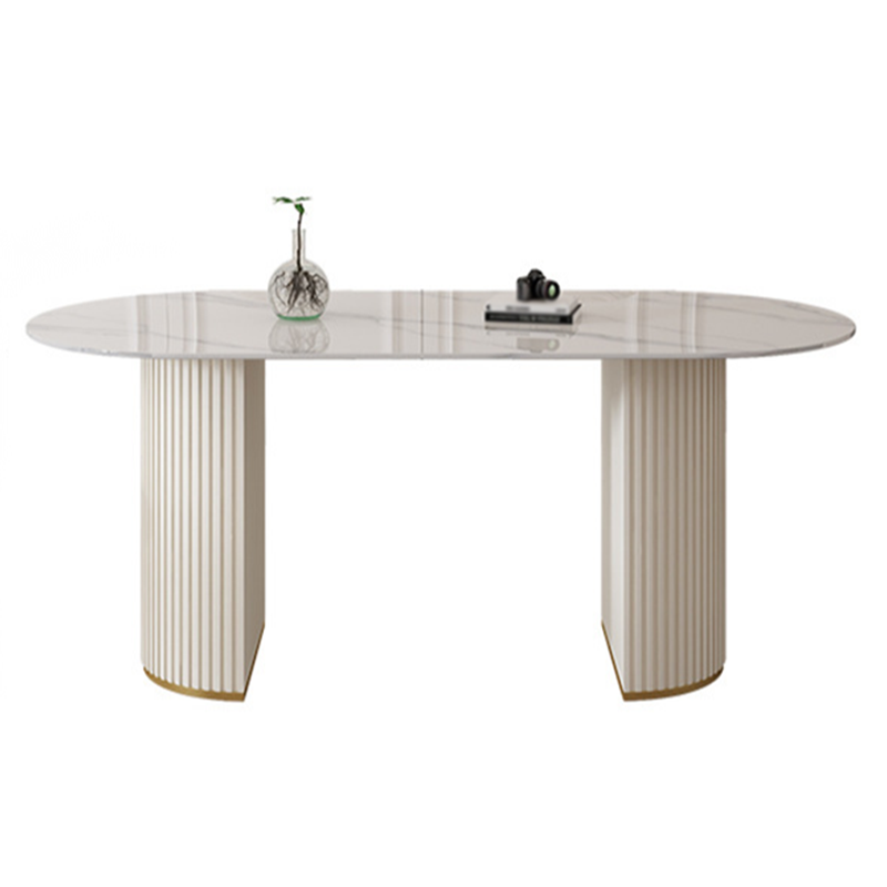 Sintered Stone Table for Restaurant Modern White Table with Double Pedestal Base