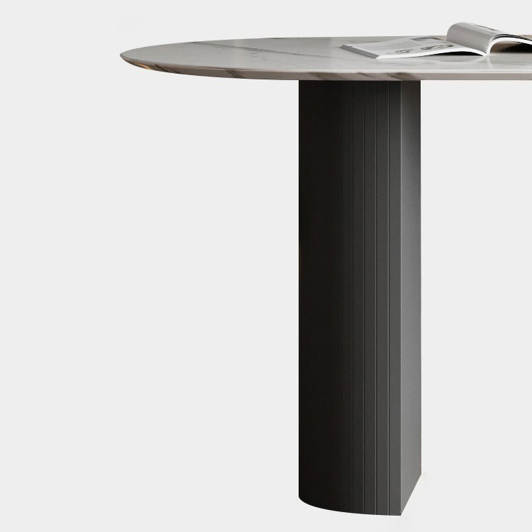 Metal Contemporary Oval Dining Table Sintered Stone Top Table with Double Pedestal Base