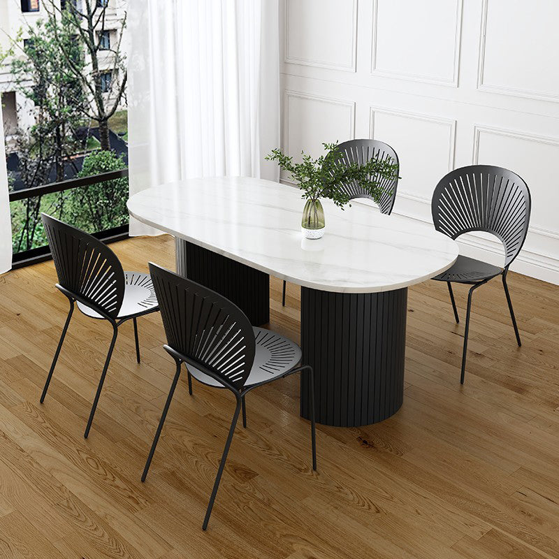 Metal Contemporary Oval Dining Table Sintered Stone Top Table with Double Pedestal Base