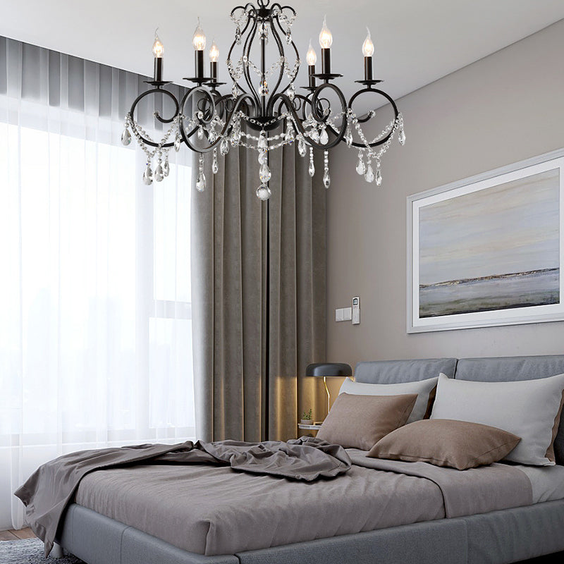 Retro Candlestick Chandelier Iron Hanging Lamp with Crystal for Living Room