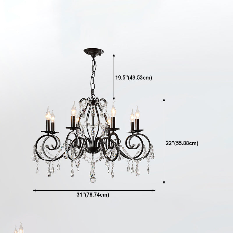 Retro Candlestick Chandelier Iron Hanging Lamp with Crystal for Living Room