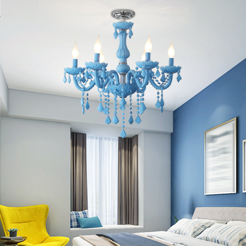 Multi Light Candle Branch Hanging Pendant Modern Style Crystal Hanging Lighting in Blue