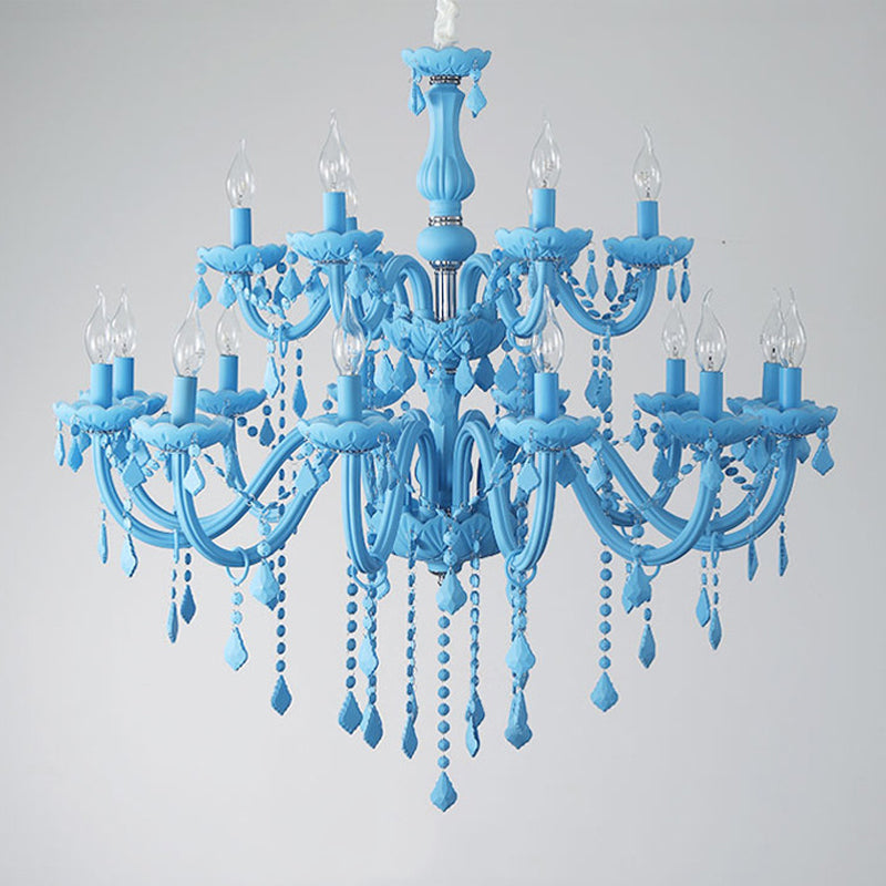 Multi Light Candle Branch Hanging Pendant Modern Style Crystal Hanging Lighting in Blue