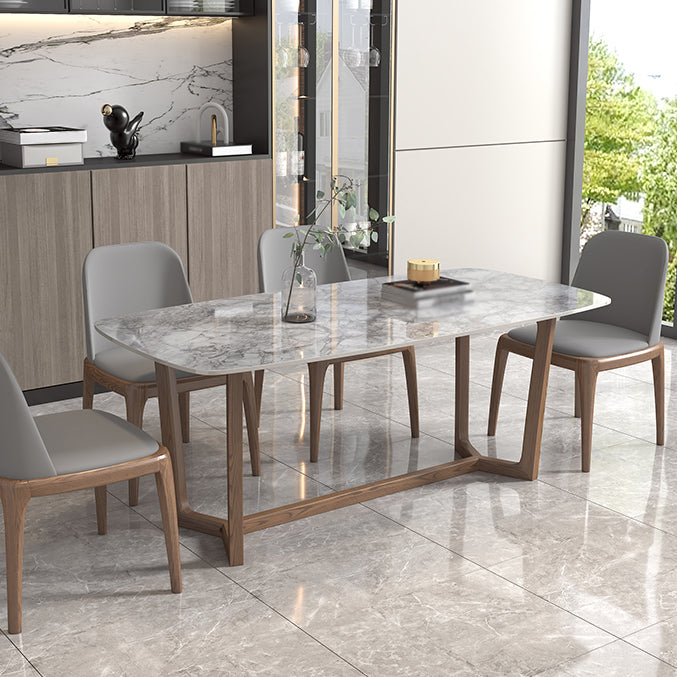 Mesa rectangular con tapa de piedra sinterizada para restaurante mesa moderna con base de caballete de fresno