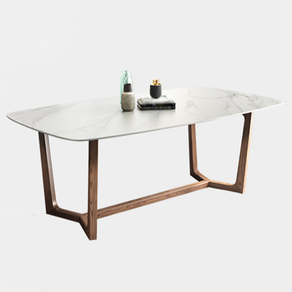 Mesa rectangular con tapa de piedra sinterizada para restaurante mesa moderna con base de caballete de fresno