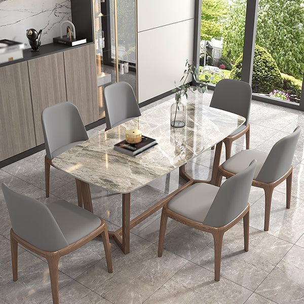 Mesa rectangular con tapa de piedra sinterizada para restaurante mesa moderna con base de caballete de fresno