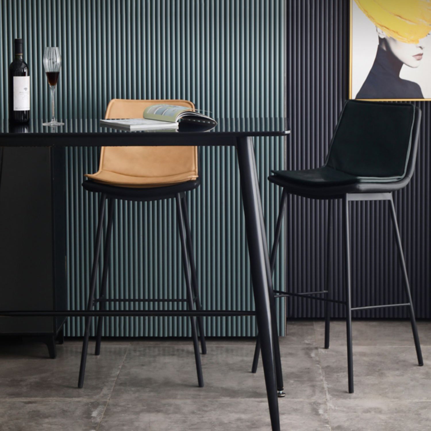 Industrial Leather Iron Counter Stools Low Back Bar Stools with Rectangle Seat