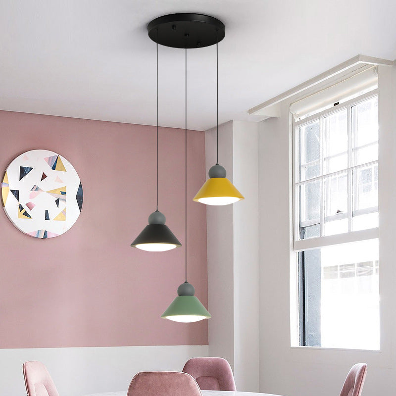 Macaron Conical Multi-Light Pendant Metal Metal LED Drop Light for Dining Room