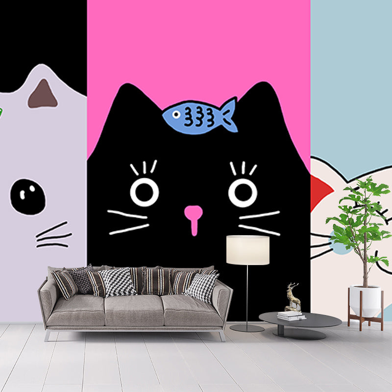 Washable Stain Resistant Wall Mural Wallpaper Cartoon Cats Sitting Room Wall Mural