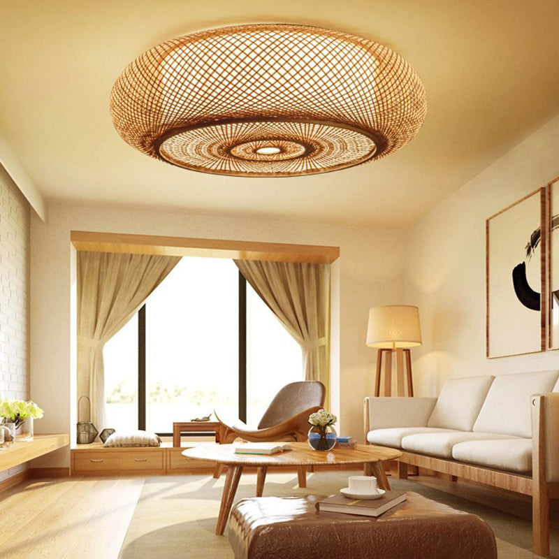 Round Shape Ceiling Lamp Asian Style Rattan 1 Light Flush Mount voor slaapkamer