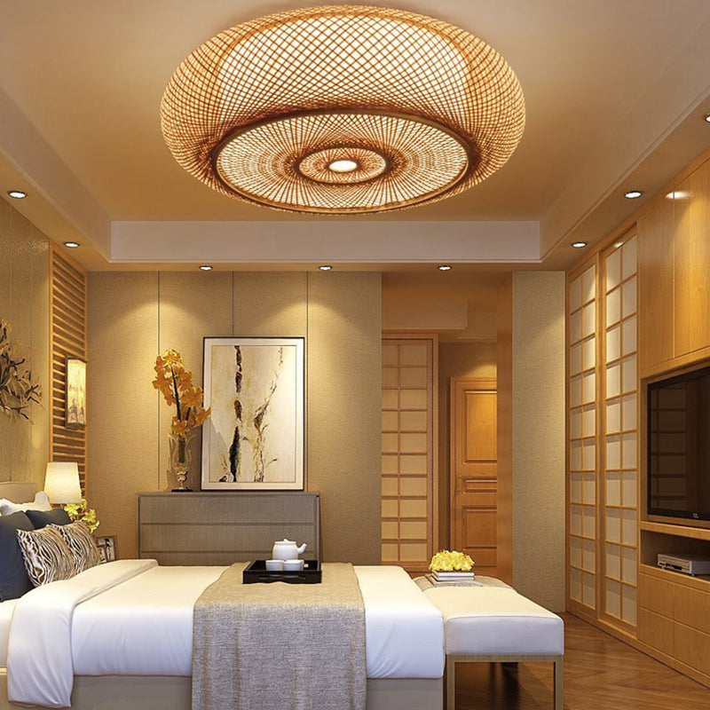 Round Shape Ceiling Lamp Asian Style Rattan 1 Light Flush Mount voor slaapkamer