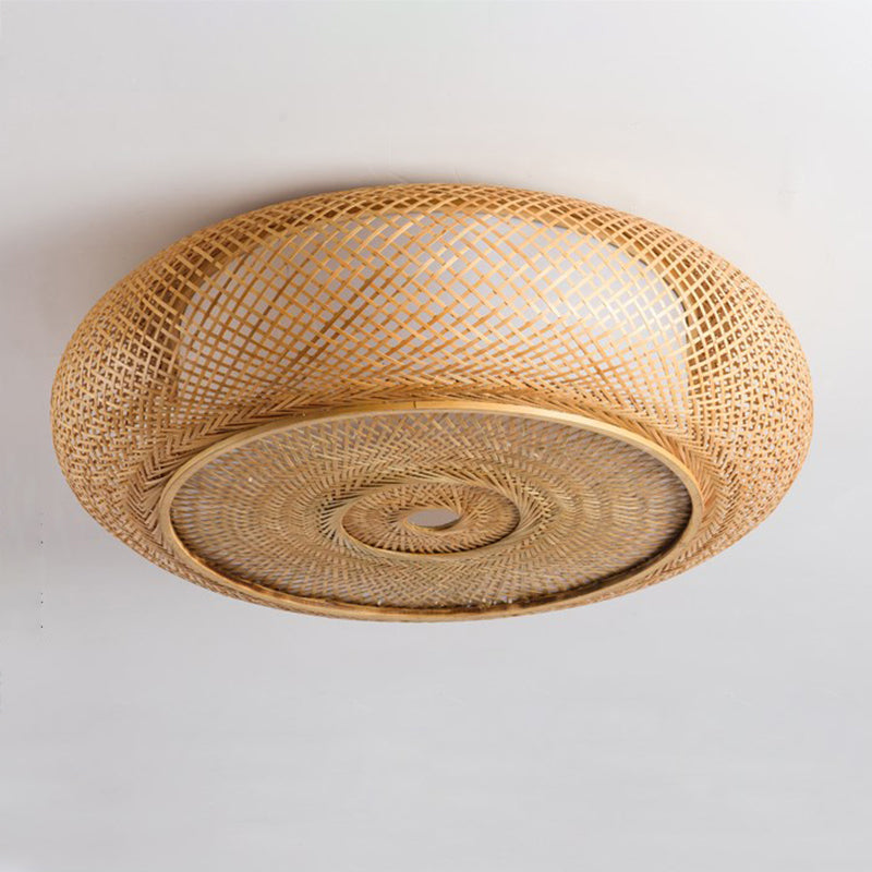 Round Shape Ceiling Lamp Asian Style Rattan 1 Light Flush Mount voor slaapkamer