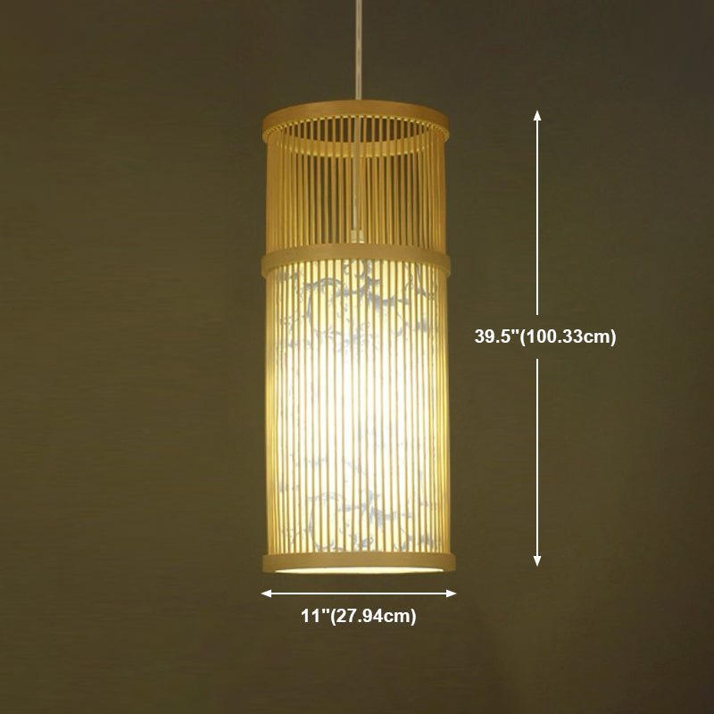 Cylindrical Restaurant Pendant Light Bamboo 1 Head Chinoiserie Hanging Light