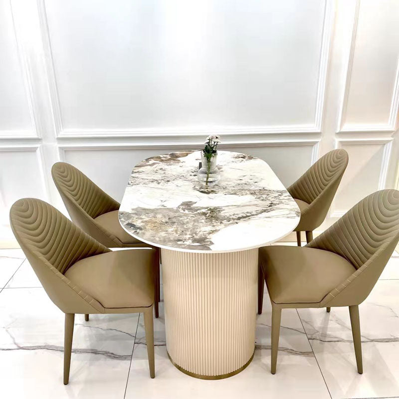 Oval Double Pedestal Modern Dining Table Sintered Stone Fixed Table for Kitchen