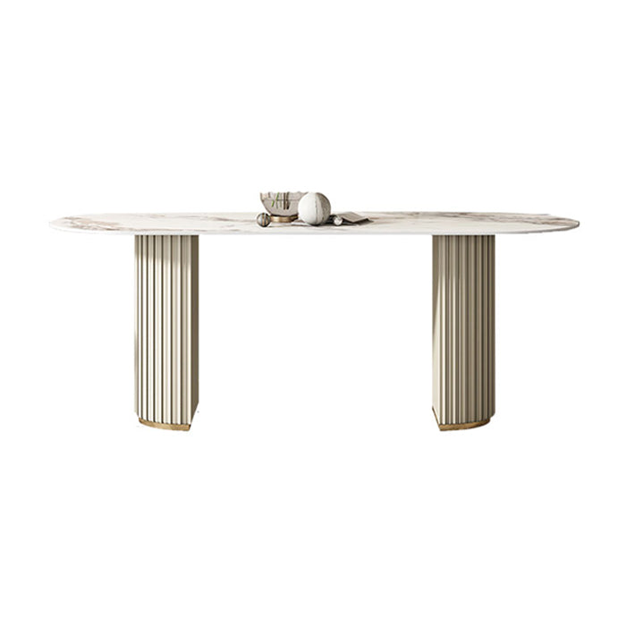 Oval Double Pedestal Modern Dining Table Sintered Stone Fixed Table for Kitchen