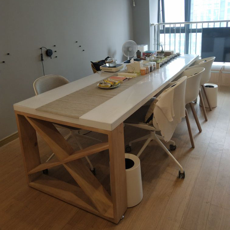 Mesa moderna de madera de pino para mesa blanca rectangular de restaurante con base de pedestal doble