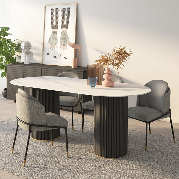 Moderne witte tafel van gesinterd steenblad voor restaurant Ovale tafel met dubbele voetstukbasis