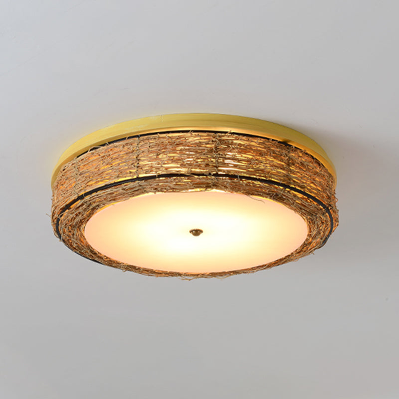 Ronde Vorm Plafondlamp Aziatische Stijl Rotan 3 Lichten Flush Mount voor Slaapkamer