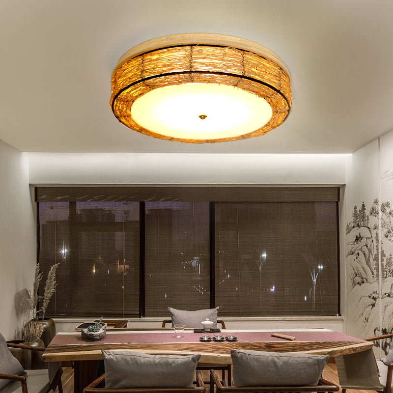Ronde Vorm Plafondlamp Aziatische Stijl Rotan 3 Lichten Flush Mount voor Slaapkamer
