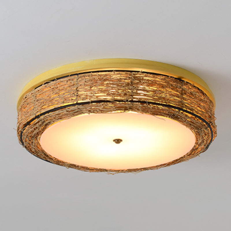 Ronde Vorm Plafondlamp Aziatische Stijl Rotan 3 Lichten Flush Mount voor Slaapkamer