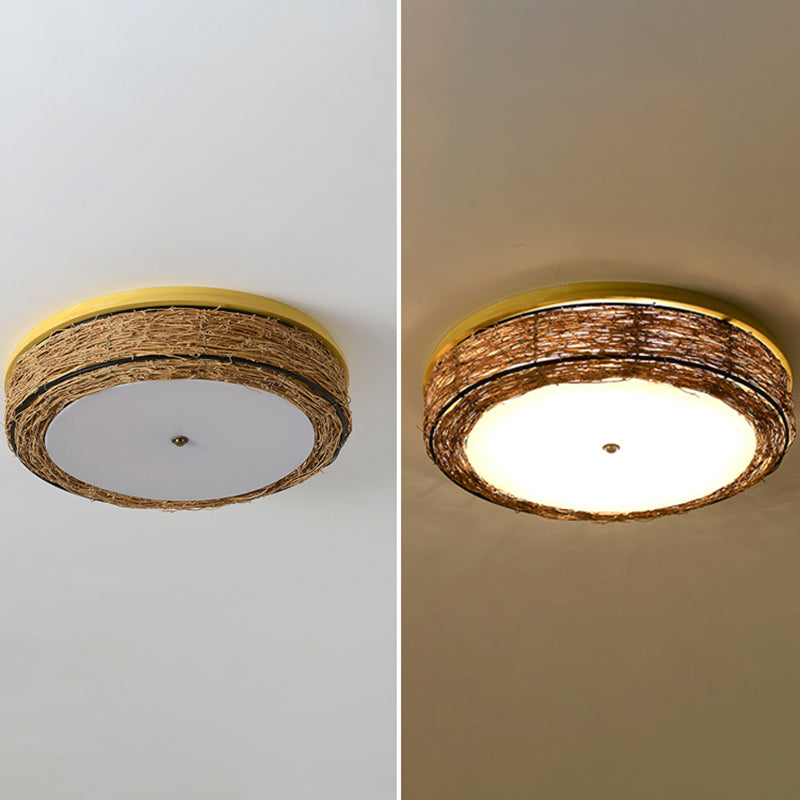 Ronde Vorm Plafondlamp Aziatische Stijl Rotan 3 Lichten Flush Mount voor Slaapkamer