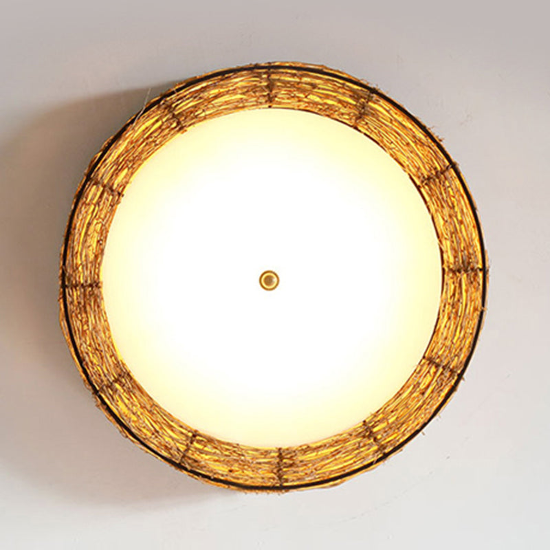 Ronde Vorm Plafondlamp Aziatische Stijl Rotan 3 Lichten Flush Mount voor Slaapkamer