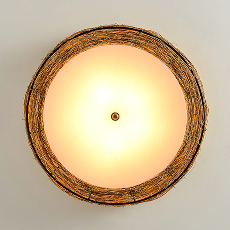 Ronde Vorm Plafondlamp Aziatische Stijl Rotan 3 Lichten Flush Mount voor Slaapkamer