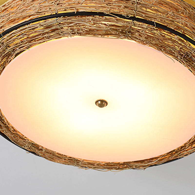 Ronde Vorm Plafondlamp Aziatische Stijl Rotan 3 Lichten Flush Mount voor Slaapkamer