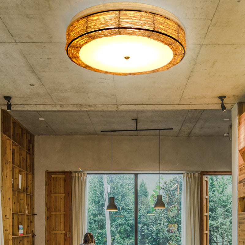 Ronde Vorm Plafondlamp Aziatische Stijl Rotan 3 Lichten Flush Mount voor Slaapkamer