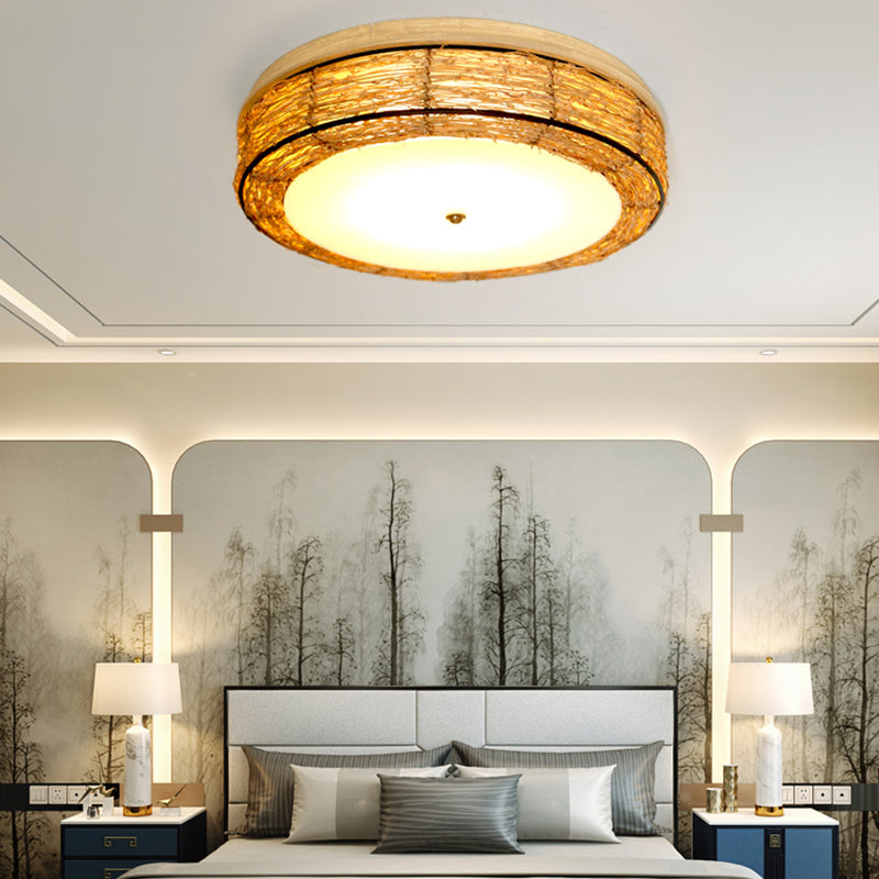 Ronde Vorm Plafondlamp Aziatische Stijl Rotan 3 Lichten Flush Mount voor Slaapkamer