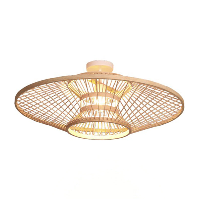 Round Shape Ceiling Lamp Asian Style Rattan 1 Light Flush Mount for Living Room