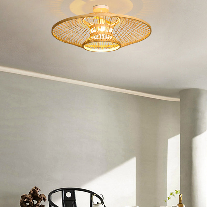 Round Shape Ceiling Lamp Asian Style Rattan 1 Light Flush Mount for Living Room