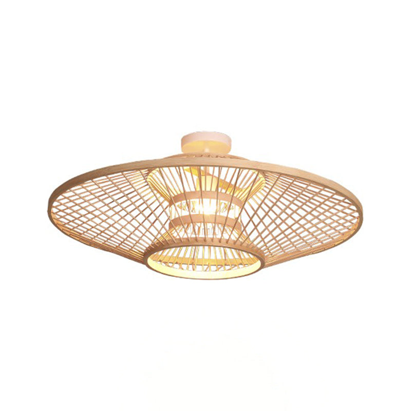 Round Shape Ceiling Lamp Asian Style Rattan 1 Light Flush Mount for Living Room