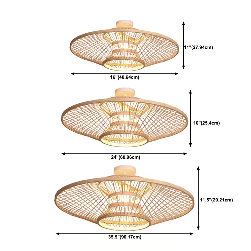 Round Shape Ceiling Lamp Asian Style Rattan 1 Light Flush Mount for Living Room