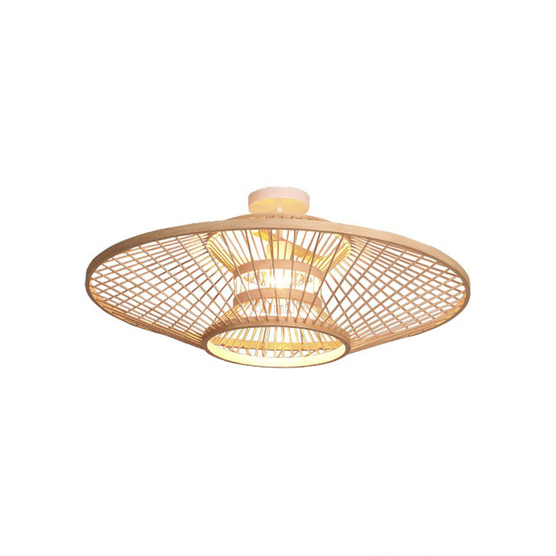 Round Shape Ceiling Lamp Asian Style Rattan 1 Light Flush Mount for Living Room