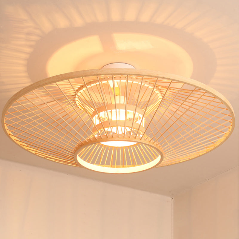 Round Shape Ceiling Lamp Asian Style Rattan 1 Light Flush Mount for Living Room