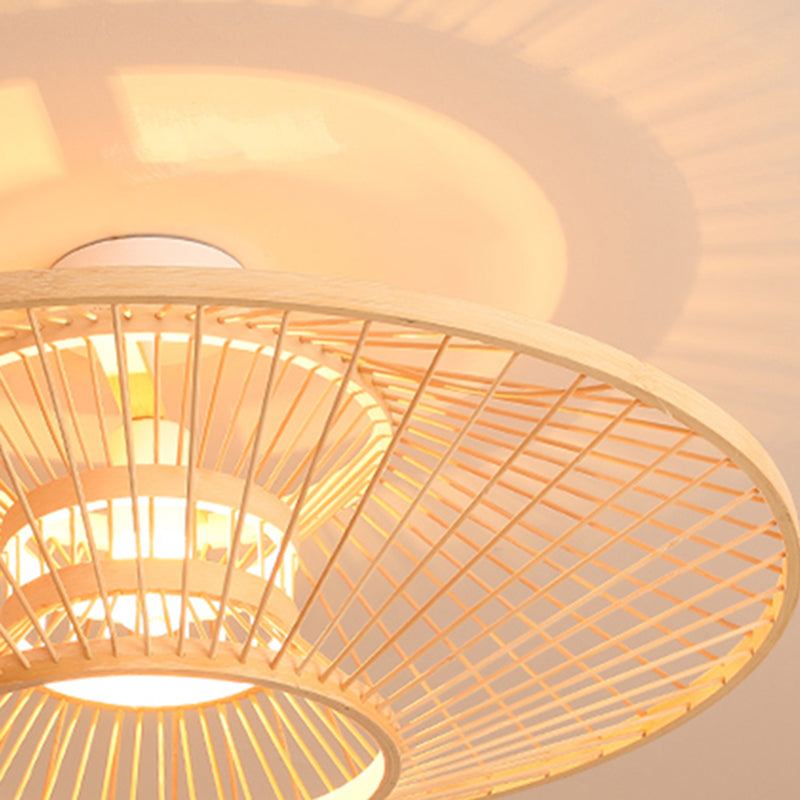 Round Shape Ceiling Lamp Asian Style Rattan 1 Light Flush Mount for Living Room