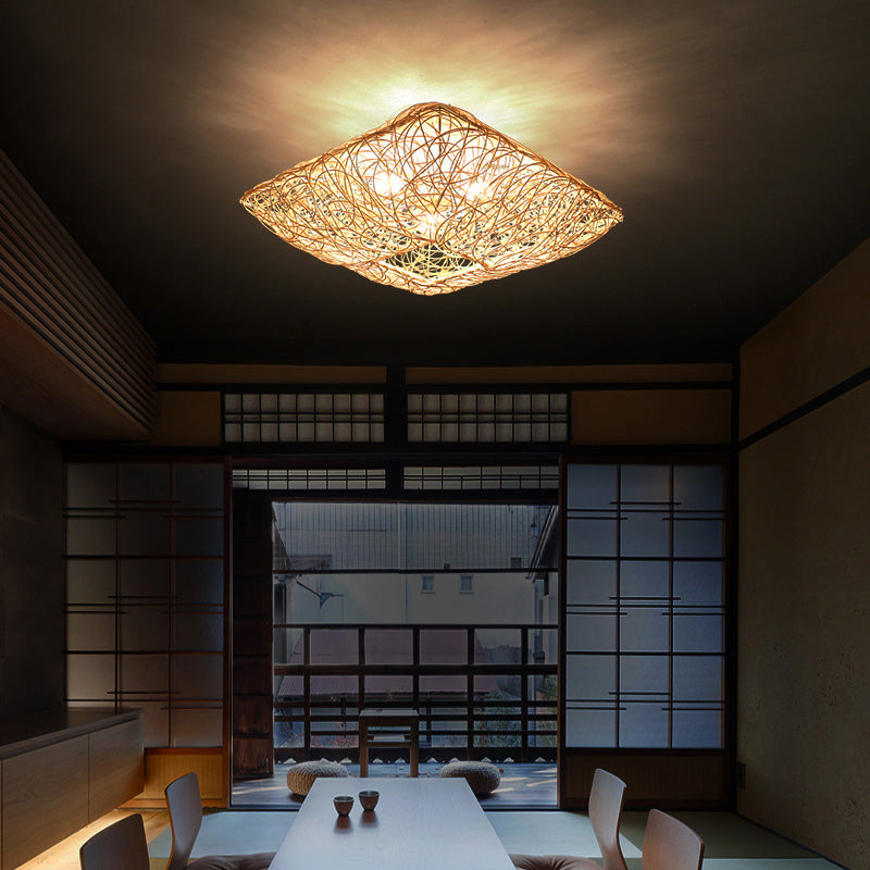 Quadratform Deckenlampe Asiatischer Bambus 3 Lichter Flush Mount für Esszimmer