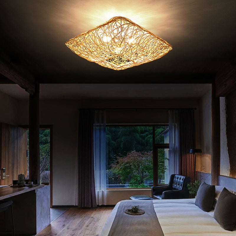 Quadratform Deckenlampe Asiatischer Bambus 3 Lichter Flush Mount für Esszimmer