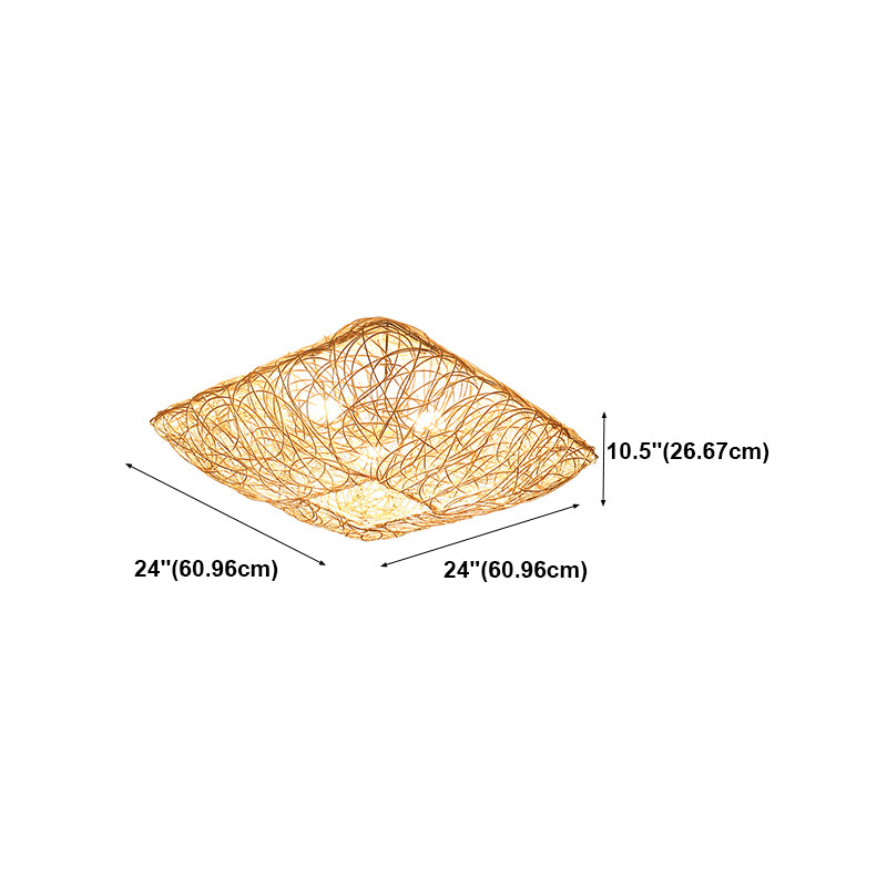 Quadratform Deckenlampe Asiatischer Bambus 3 Lichter Flush Mount für Esszimmer