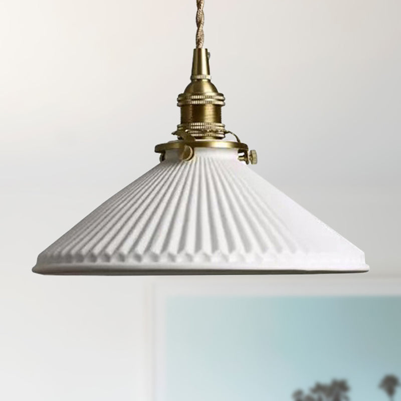 Stile industriale Luce a sospensione conica con design a coste 1 Light Ceramics lampada appesa in bianco