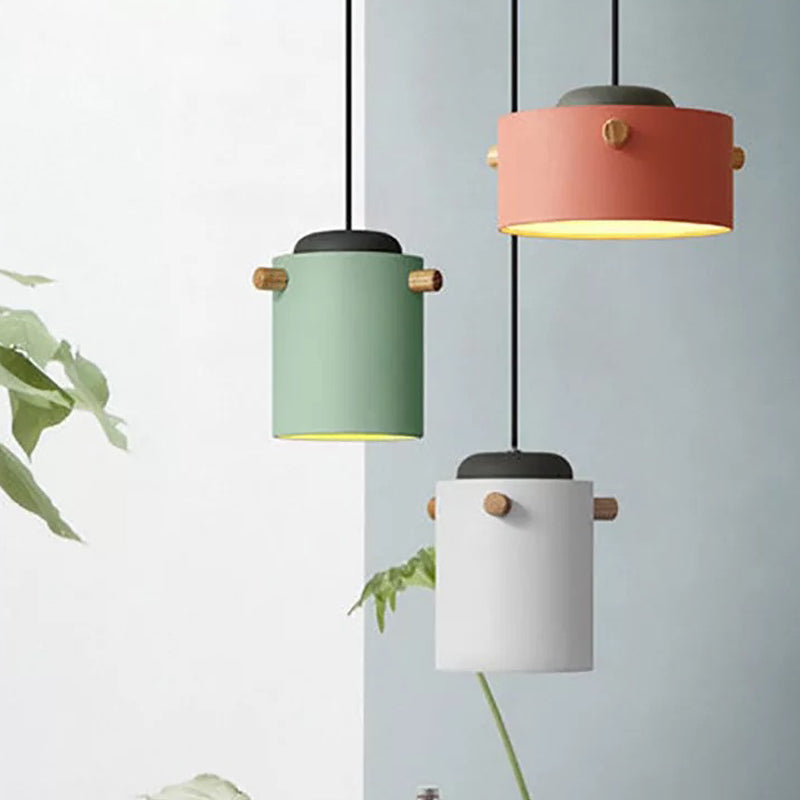 Cylindrical Metal Pendant Lamp Macaron 1 Head Solid Wood Ceiling Hanging Light