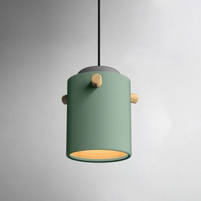 Cylindrical Metal Pendant Lamp Macaron 1 Head Solid Wood Ceiling Hanging Light